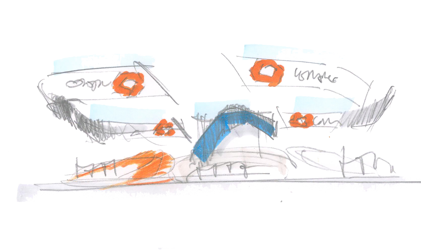 Konzeptskizze für den Messestand von Congatec auf der embedded world mit geschwungenen, abgehängten Deckenbannern, organischer Standarchitektur und ersten Designideen für die Markeninszenierung im Messebau.