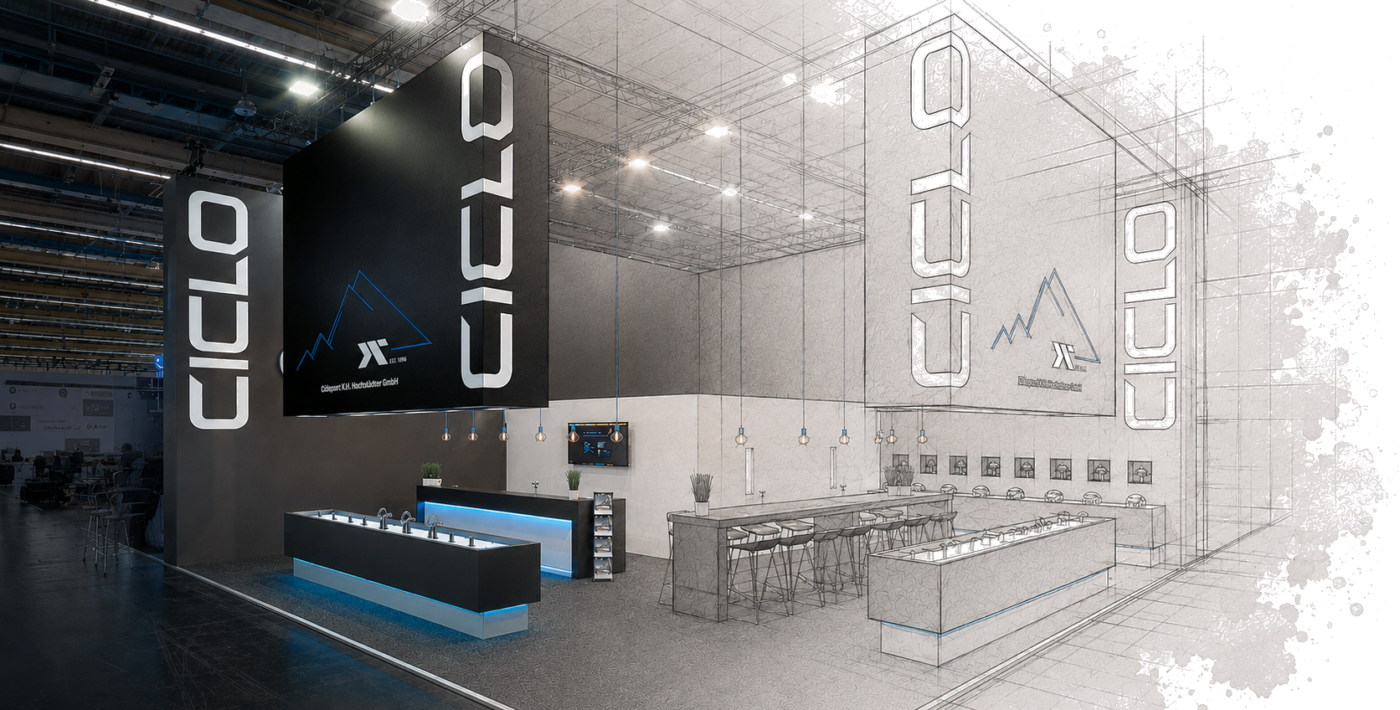 Visualisierung des Entwurfsprozesses eines Messestands für Ciclo Sport auf der Eurobike in Frankfurt: Fotorealistisches Rendering geht fließend in eine architektonische Skizze über und zeigt den Weg von der ersten Designidee bis zum fertigen Messebau.