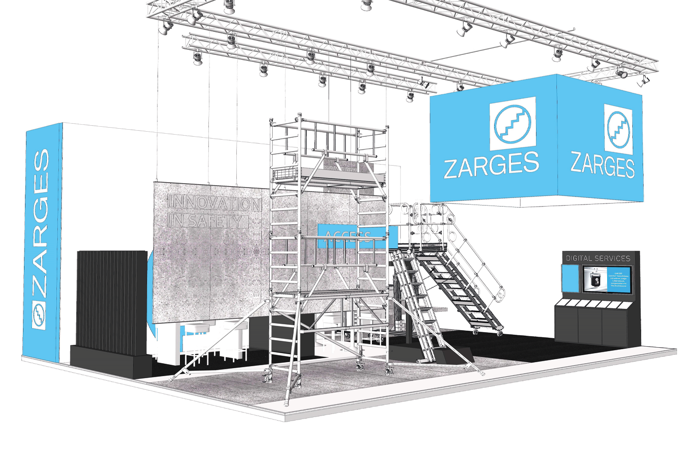 Konzeptskizze des Messestands für ZARGES auf der LogiMAT in Stuttgart mit markanter Produktpräsentation, zentraler Aktionsplattform und weithin sichtbarem, hinterleuchtetem Logokubus. Die offene Standarchitektur stellt die Aluminium-Leitern, Arbeitsplattformen und Zugangslösungen in den Mittelpunkt und schafft gleichzeitig großzügige Kommunikations- und Beratungsbereiche.