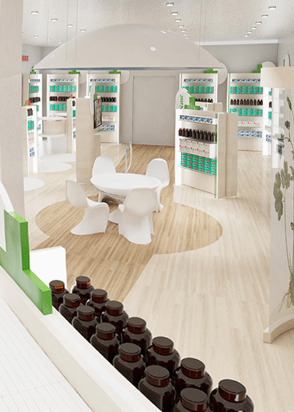 Modernes Apotheken-Shopdesign mit offenem Beratungsbereich, organischen Sitzmöbeln, heller Innenarchitektur, Holzboden und kundenfreundlicher Raumgestaltung.