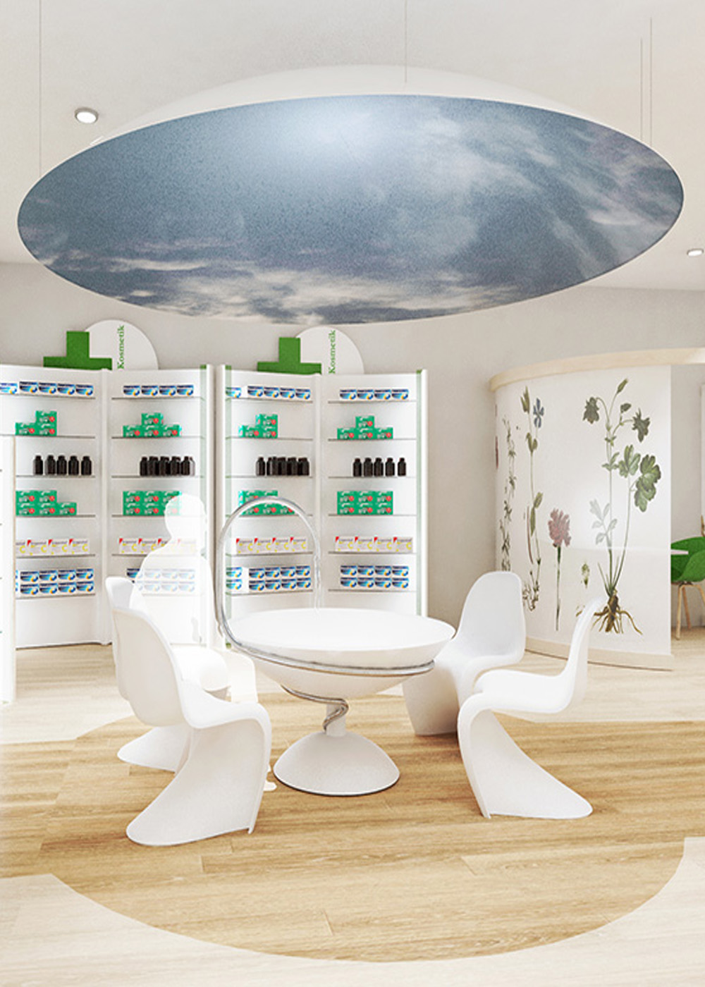 Helles Apotheken-Shopdesign mit zentralem Beratungsbereich, organisch geformten Sitzmöbeln, natürlichen Materialien und botanischen Wandgrafiken für eine moderne, kundenorientierte Apotheke.