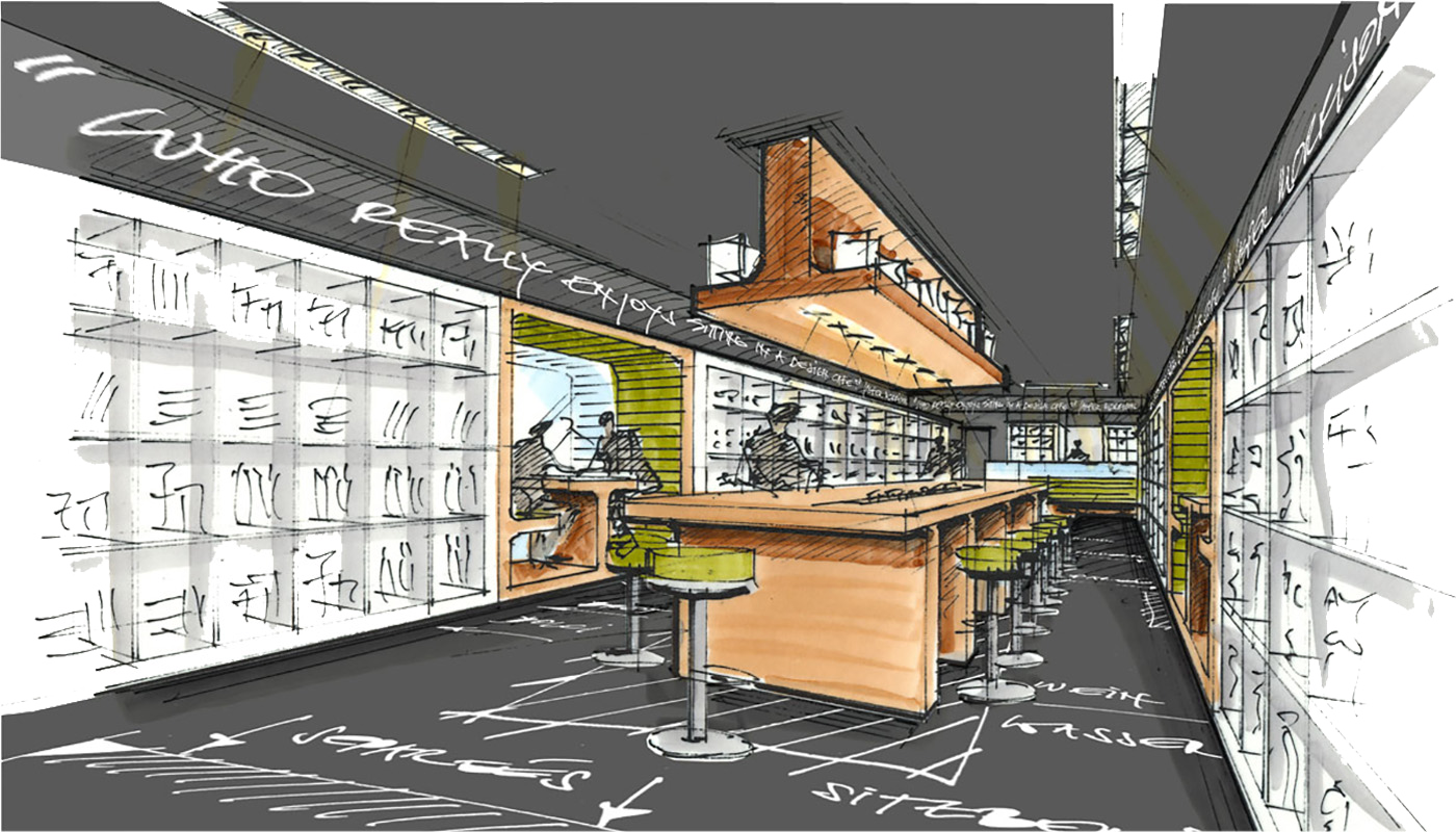 Konzeptskizze für das Gastronomie- und Shopkonzept Kramer's mit Café, Bar, Feinkostladen, großem Gemeinschaftstisch und moderner Innenarchitektur.