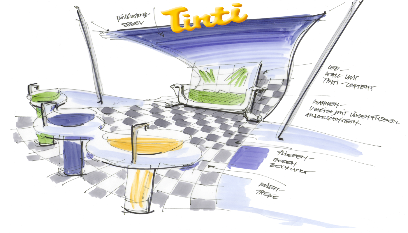 Concept sketch of the Tinti trade show booth for the Nuremberg Toy Fair, featuring striking sail-inspired architecture and an interactive water world. The curved fabric sails create a strong visual impact from a distance, while colorful interactive stations bring the Tinti brand world to life in a playful way.