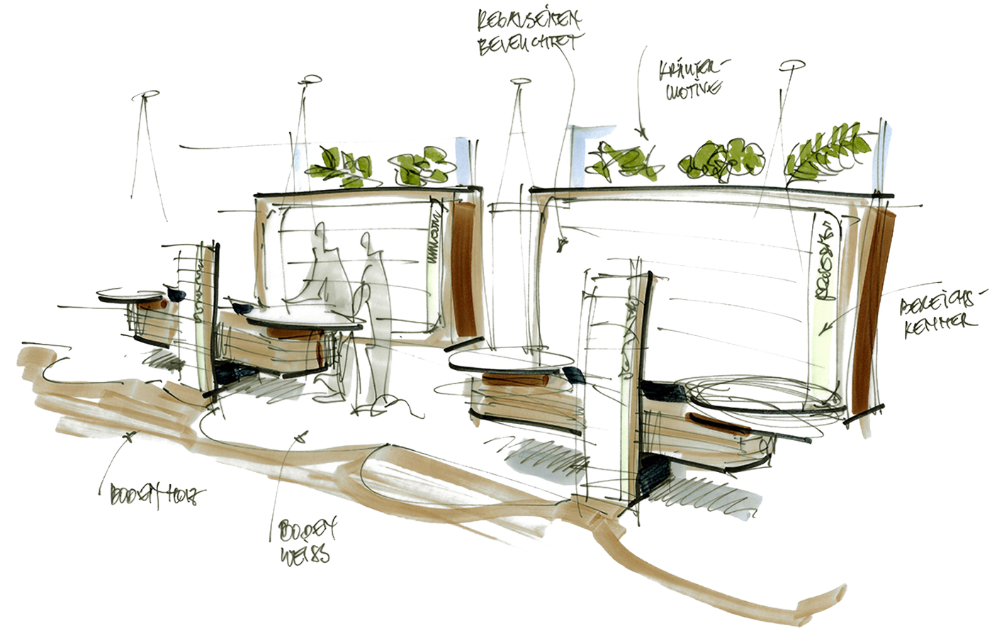 Konzeptskizze für ein modernes Apotheken-Shopdesign mit offenen Beratungscountern, natürlichen Materialien, Pflanzen und heller Innenarchitektur zur kundenorientierten Raumgestaltung.