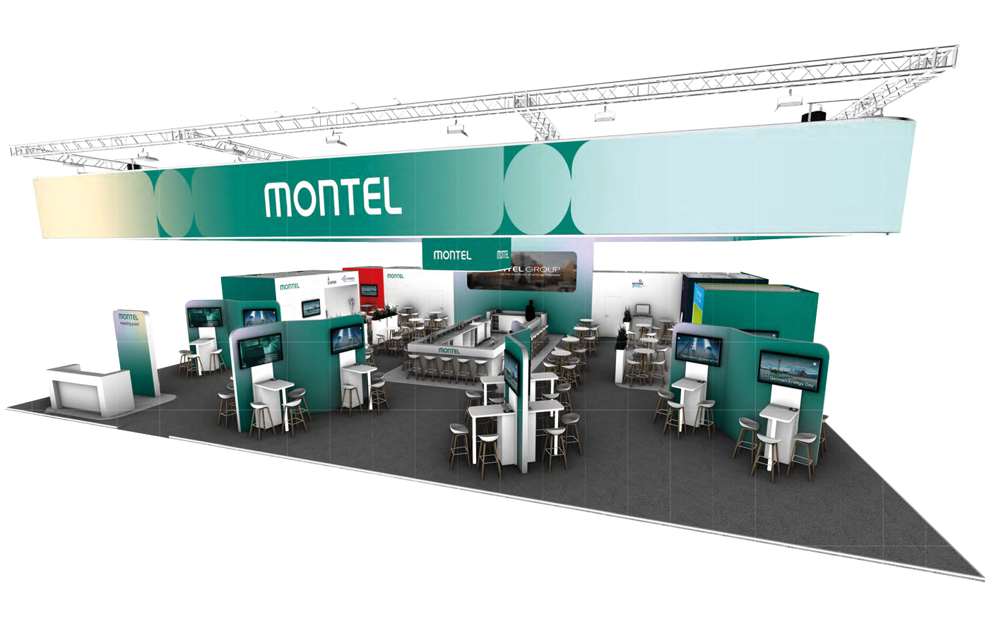 3D-Rendering des Montel Messestands auf der E-world Energy & Water in Essen mit großem umlaufenden Deckenbanner, zentraler Bar, offenen Meetingbereichen und mehreren interaktiven Präsentationsstationen.