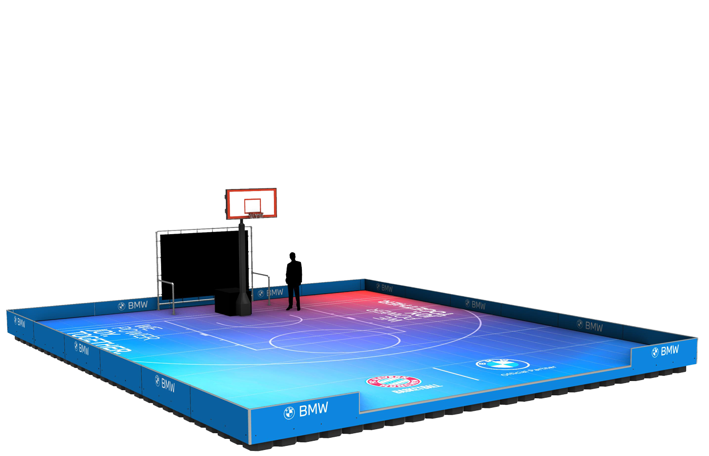 3D design of a floating basketball platform for FC Bayern Basketball and BMW in Munich's Olympic Park.