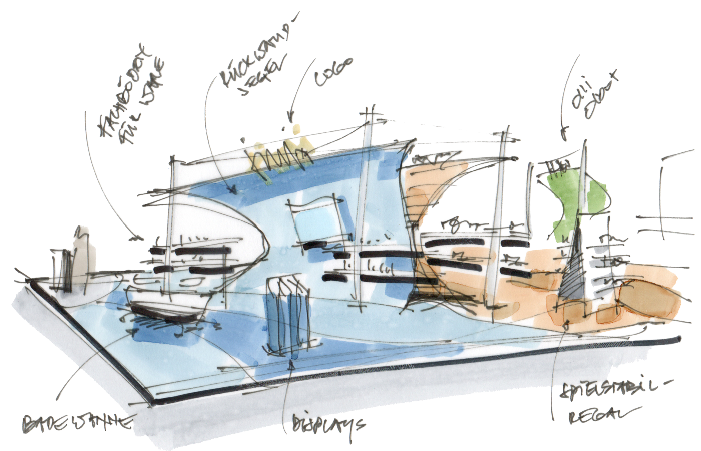 Concept sketch of the Tinti trade show booth at the Nuremberg Toy Fair. The striking sail-inspired architecture, featuring printed fabric panels, creates a light, maritime brand experience and unites the three brands—Tinti, Spielstabil, and Olli Olbot—into a cohesive, sustainable trade show presence. The product areas create an open, airy brand experience with high visibility from a distance and clear visitor guidance.