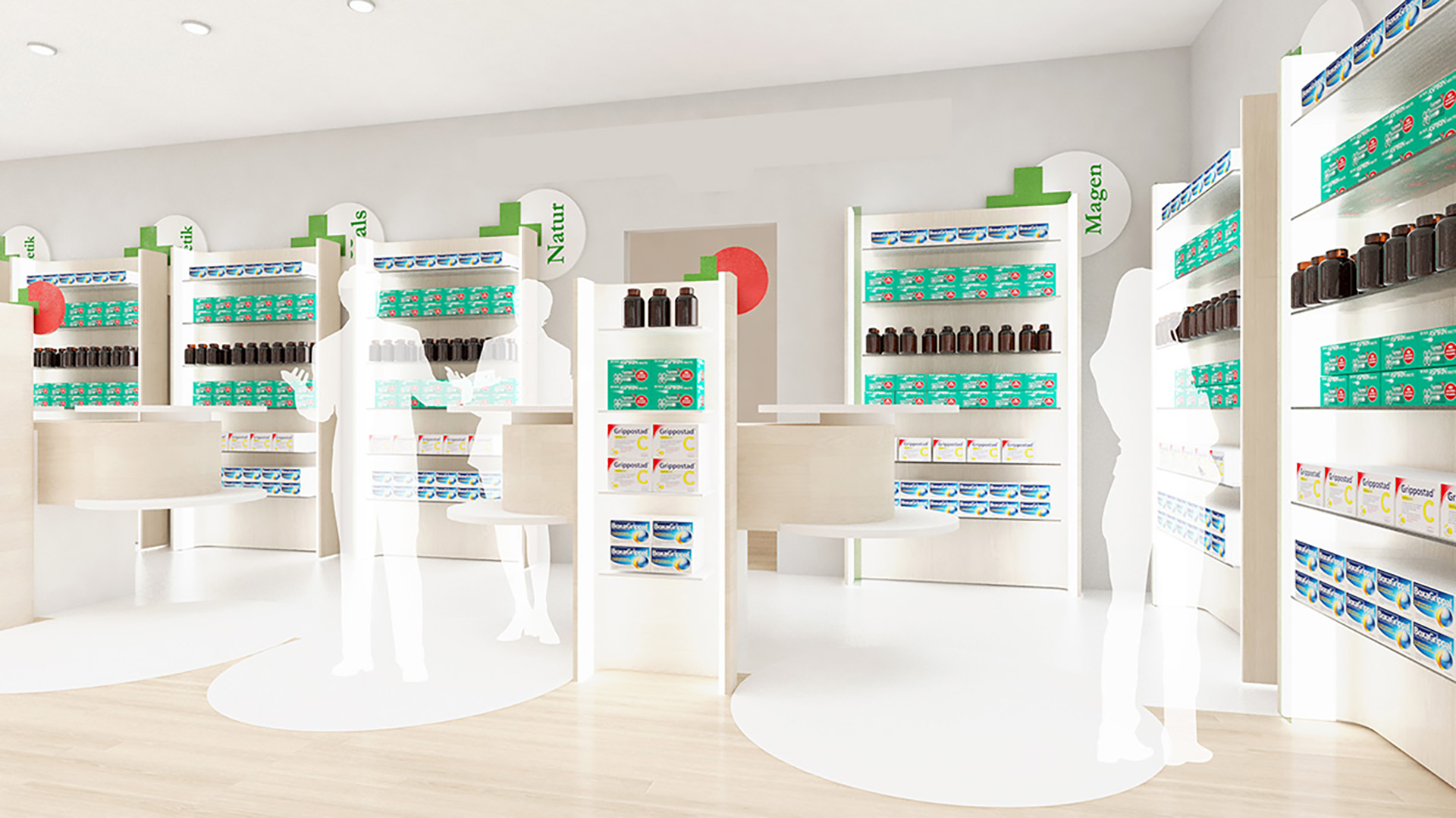 Modernes Apotheken-Shopdesign mit offenen Beratungsinseln, hellen Holzoberflächen, natürlichen Materialien und übersichtlichen Produktregalen. Das offene Ladenkonzept schafft eine freundliche Atmosphäre und fördert persönliche Beratung sowie eine intuitive Kundenführung.
