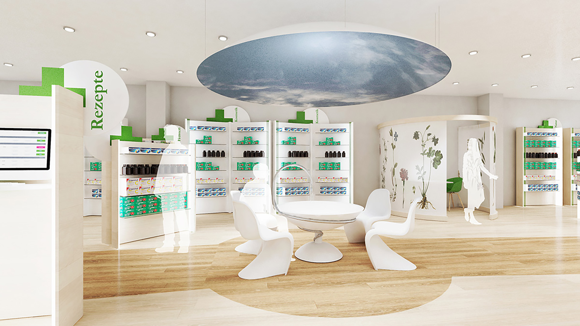 Modernes Apothekenkonzept mit großzügigem Warte- und Beratungsbereich, offenen Produktregalen, natürlichen Materialien und heller Innenarchitektur. Das offene Shopdesign schafft eine angenehme Atmosphäre und verbindet persönliche Beratung mit einer intuitiven Kundenführung.