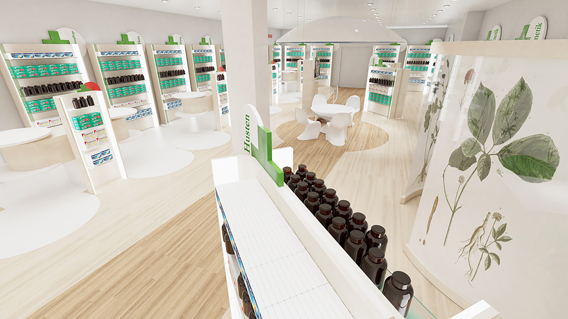 Helles Apotheken-Shopdesign mit offenen Beratungsinseln, natürlichen Materialien, großzügigen Produktregalen und botanischen Gestaltungselementen. Das moderne Ladenkonzept schafft eine freundliche Atmosphäre, verbessert die Kundenführung und fördert eine persönliche Beratung.