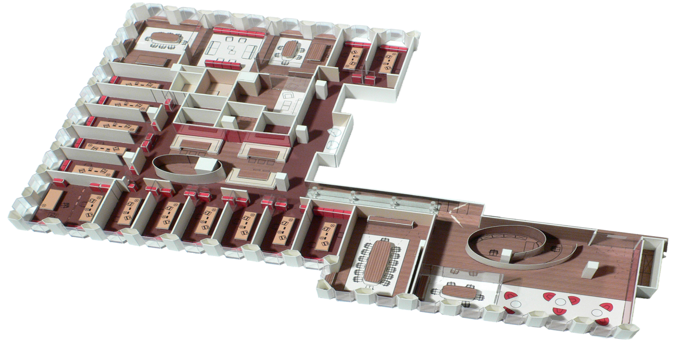 3D-Grundriss einer modernen Büroetage in New York mit Empfangsbereich, Konferenzräumen, Einzelbüros, Lounge und Besprechungszonen – architektonische Flächenplanung einer hochwertigen Unternehmenszentrale.