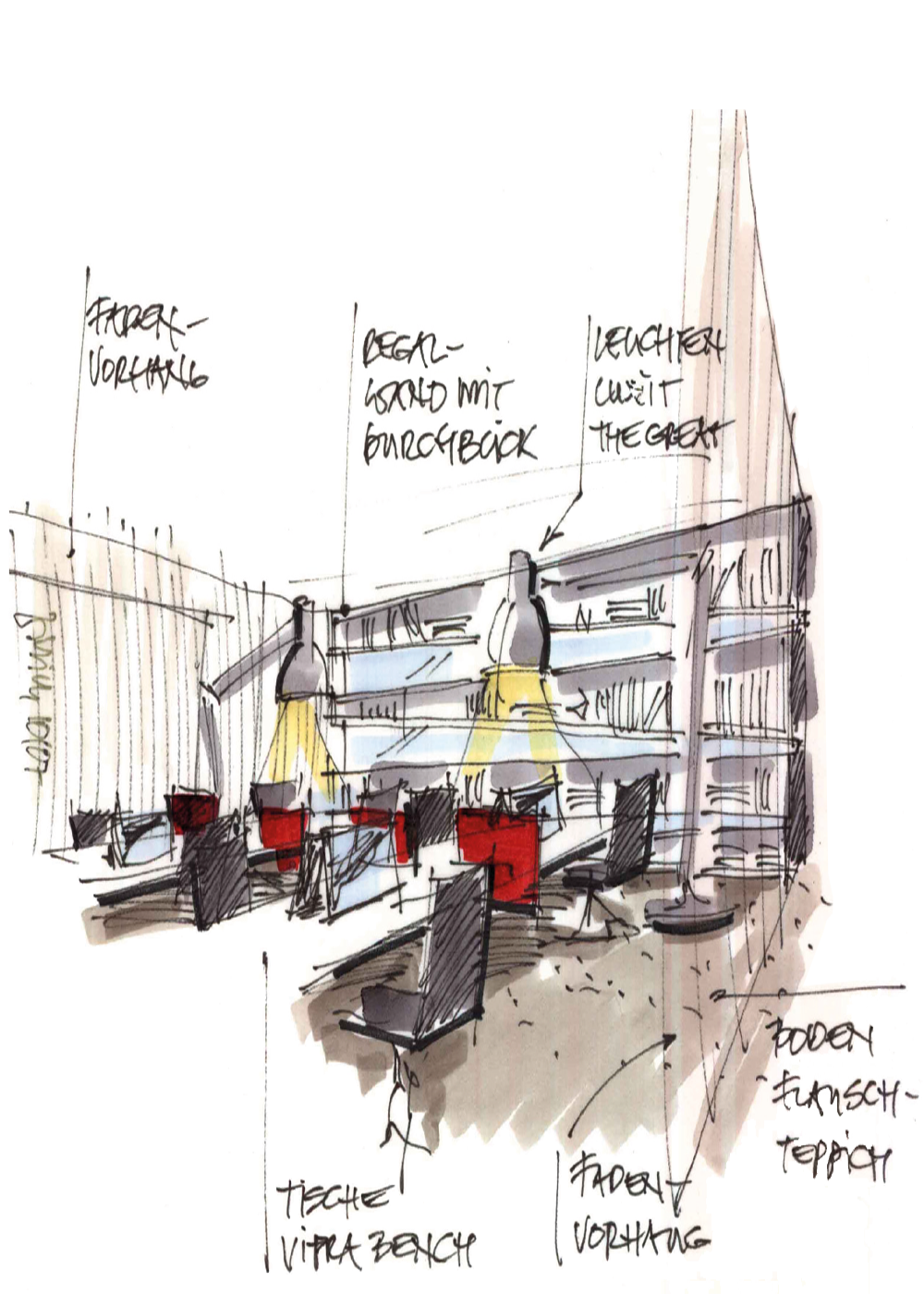 Konzeptskizze für die Gestaltung einer Büroetage einer Werbeagentur in München mit offenem Raumkonzept, durchbrochenem Raumteiler und transparenter Innenarchitektur.